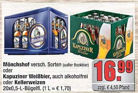 Mönchshof versch. Sorten (außer Bockbier) oder Kapuziner Weißbier, auch alkoholfrei oder Kellerweizen 20x0,5-L-Bügelfl. (1 L = € 1,70)
