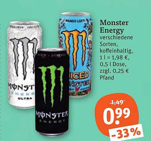 Monster Energy verschiedene Sorten, koffeinhaltig, 1 l = 1,98 €, 0,5 l Dose, zzgl. 0,25 € Pfand