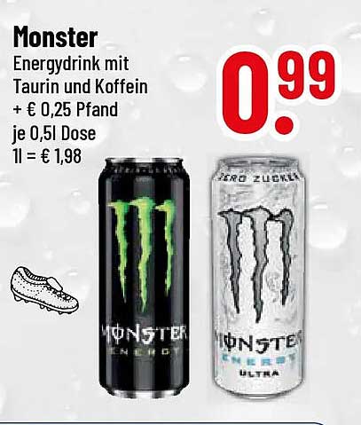Monster Energydrink mit Taurin und Koffein + € 0,25 Pfand je 0,5 l Dose 1 l = € 1,98