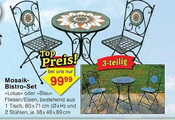 Mosaik-Bistro-Set »Lotus« oder »Blau« Fliesen-Eisen, bestehend aus 1 Tisch, 60 x 71 cm (Ø x H) und 2 Stühlen, je 38 x 46 x 89 cm