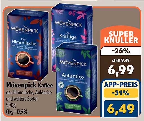Mövenpick Kaffee der Himmlische, Auténtico und weitere Sorten 500g (1kg = 13,98)