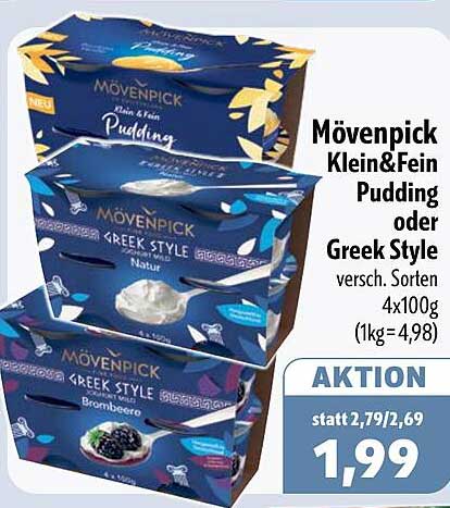 Mövenpick Klein&Fein Pudding oder Greek Style versch. Sorten 4x100g (1kg=4,98)