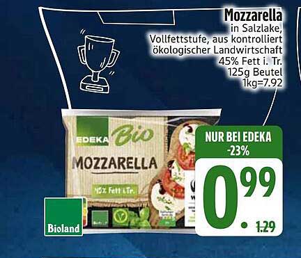 Mozzarella in Salzlake, Vollfettstufe, aus kontrolliert ökologischer Landwirtschaft, 45% Fett i. Tr., 125g Beutel 1kg=7.92