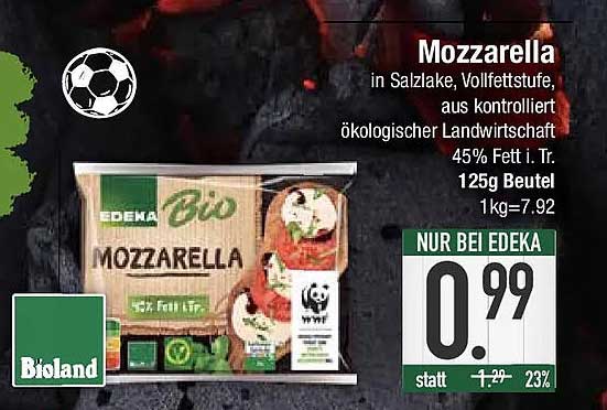Mozzarella in Salzlake, Vollfettstufe, aus kontrolliert ökologischer Landwirtschaft 45% Fett i. Tr. 125g Beutel