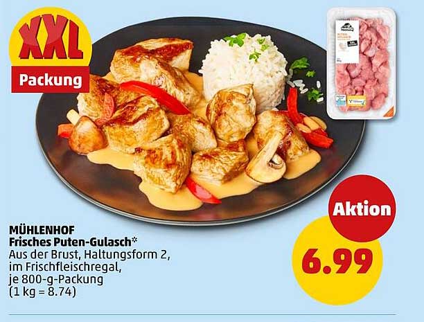 MÜHLENHOF Frisches Puten-Gulasch* Aus der Brust, Haltungsform 2, im Frischfleischregal, je 800-g-Packung (1 kg = 8.74)