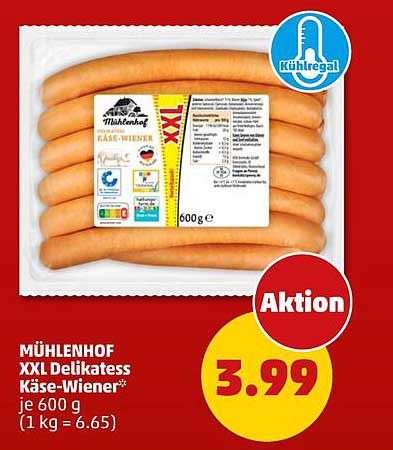 MÜHLENHOF XXL Delikatess Käse-Wiener* je 600 g (1 kg = 6.65)