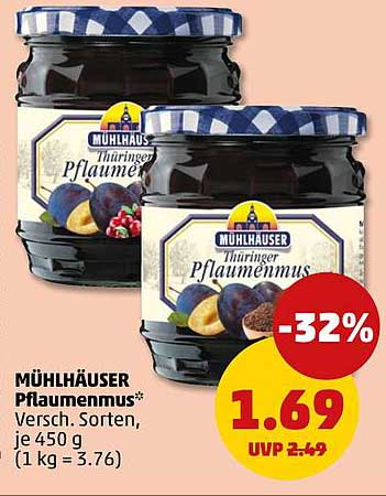 MÜHLHÄUSER Pflaumenmus* Versch. Sorten, je 450 g (1 kg = 3.76)