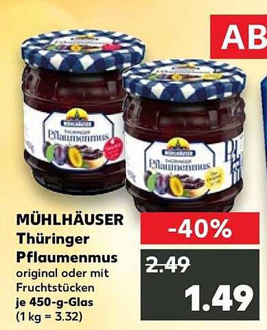 MÜHLHÄUSER Thüringer Pflaumenmus original oder mit Fruchtstücken je 450-g-Glas