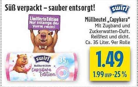 Müllbeutel „Capybara“ Mit Zugband und Zuckerwatten-Duft, Reißfest und dicht. Ca. 35 Liter. 9er Rolle