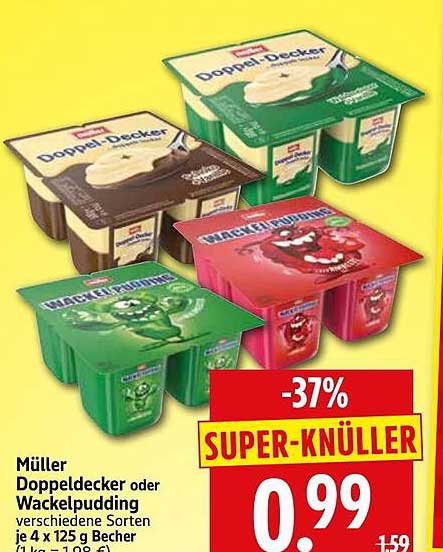 Müller Doppeldecker oder Wackelpudding verschiedene Sorten je 4 x 125 g Becher