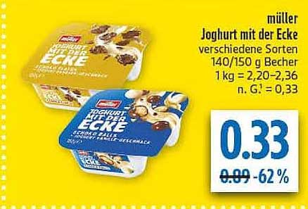 müller Joghurt mit der Ecke verschiedene Sorten 140/150 g Becher 1 kg = 2,20–2,36 n. G¹ = 0,33