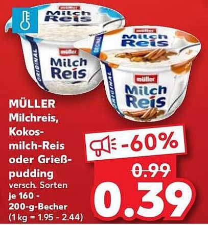 MÜLLER Milchreis, Kokos-milch-Reis oder GrieB-pudding versch. Sorten je 160 - 200-g-Becher (1 kg = 1.95 - 2.44)