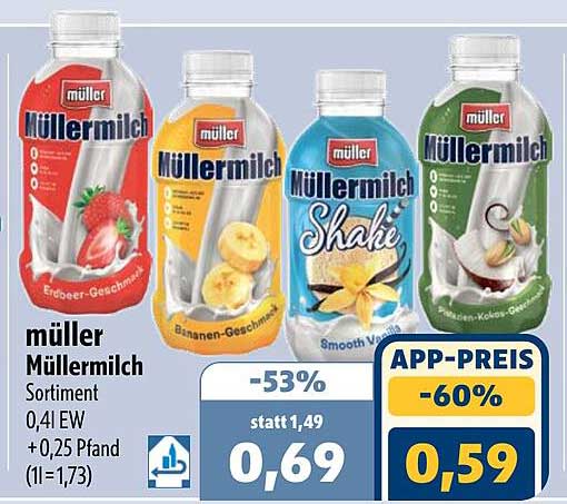 müller Müllermilch Sortiment 0,4l EW +0,25 Pfand (1l=1,73)