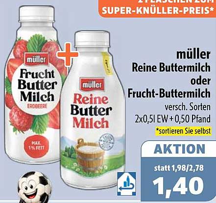müller Reine Buttermilch oder Frucht-Buttermilch versch. Sorten 2x0,5l EW +0,50 Pfand