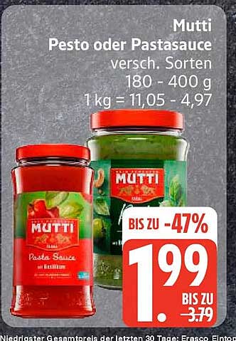 Mutti Pesto oder Pastasauce versch. Sorten 180 - 400 g 1kg = 11,05 - 4,97