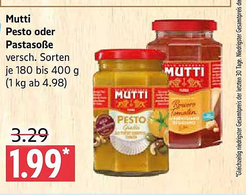 Mutti Pesto oder Pastasoße versch. Sorten je 180 bis 400 g (1 kg ab 4.98)