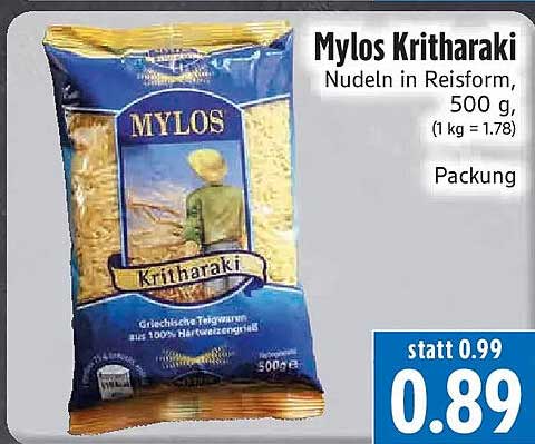 Mylos Kritharaki Nudeln in Reisform, 500 g, (1 kg = 1.78) Packung