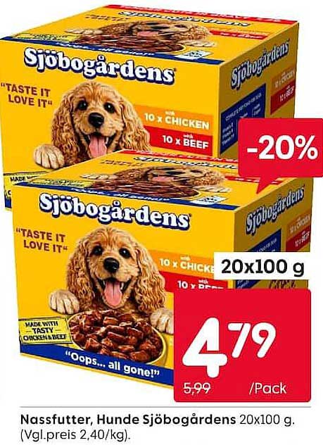 Nassfutter, Hunde Sjöbogårdens 20x100 g. (Vgl.preis 2,40/kg).