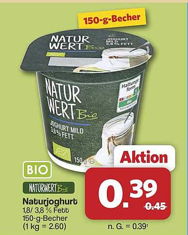 Naturjoghurt 1,8 / 3,8 % Fett 150-g-Becher (1 kg = 2.60)