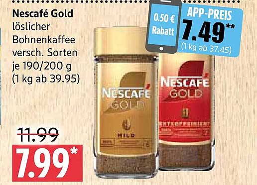 Nescafé Gold löslicher Bohnenkaffee versch. Sorten je 190/200 g (1 kg ab 39.95)