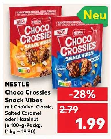 NESTLÉ Choco Crossies Snack Vibes mit ChoViva, Classic, Salted Caramel oder Dark Hazelnut je 100-g-Pack. (1 kg = 19.90)