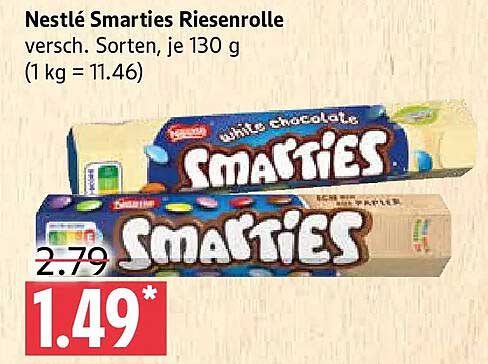 Nestlé Smarties Riesenrolle versch. Sorten, je 130 g (1 kg = 11.46)