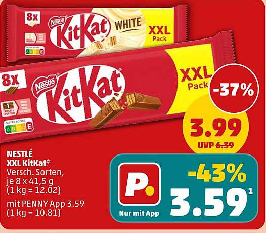 NESTLÉ XXL KitKat* Versch. Sorten, je 8 x 41,5 g (1 kg = 12.02) mit PENNY App