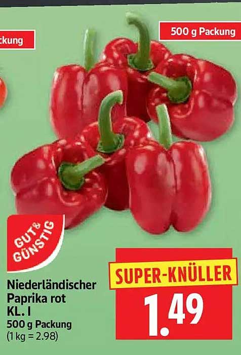 Niederländischer Paprika rot KL. I 500 g Packung (1 kg = 2.98)