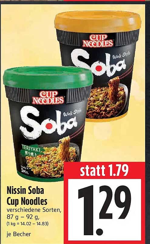 Nissin Soba Cup Noodles verschiedene Sorten, 87 g – 92 g, je Becher