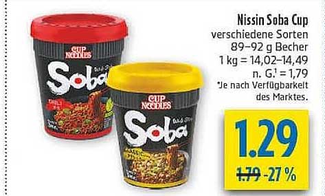 Nissin Soba Cup verschiedene Sorten 89–92 g Becher 1 kg = 14,02–14,49