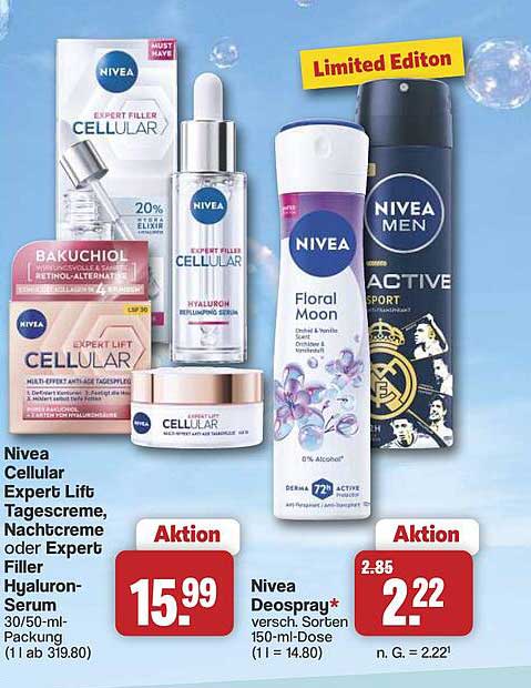Nivea Cellular Expert Lift Tagescreme, Nachtcreme oder Expert Filler Hyaluron-Serum 30/50-ml-Packung (1 l ab 319.80)