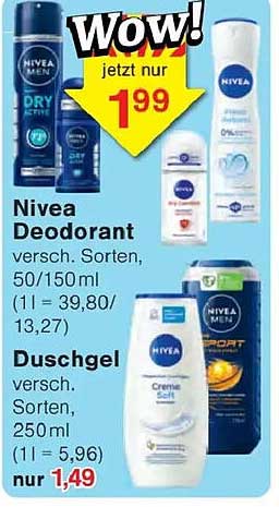 Nivea Deodorant versch. Sorten, 50/150 ml (1 l = 39,80/13,27)