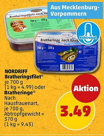 NORDRIFT Bratheringsfilet* je 700 g (1 kg = 4.99) oder Bratheringe* Nach Hausfrauenart, je 700 g, Abtropfgewicht = 370 g (1 kg = 9.43)