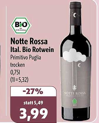 Notte Rossa Ital. Bio Rotwein Primitivo Puglia trocken 0,75l (1l=5,32)