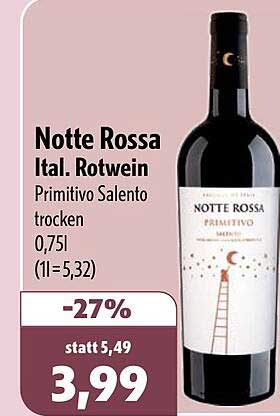 Notte Rossa Ital. Rotwein Primitivo Salento trocken 0,75l (1l=5,32)