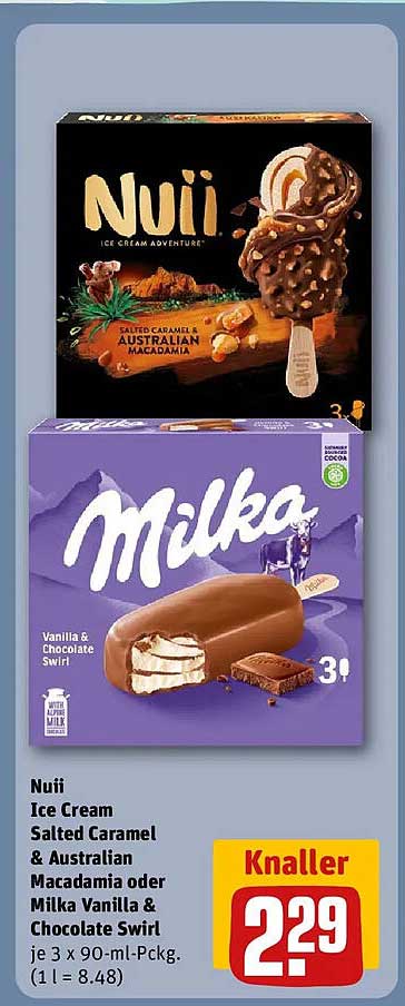 Nuii Ice Cream Salted Caramel & Australian Macadamia oder Milka Vanilla & Chocolate Swirl je 3 x 90-ml-Packg. (1 l = 8.48)