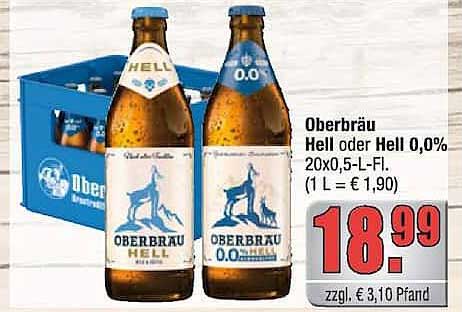 Oberbräu Hell oder Hell 0,0% 20x0,5-L-Fl. (1 L = € 1,90)