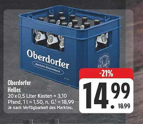 Oberdorfer Helles 20 x 0,5 Liter Kasten + 3,10 Pfand, 1 l = 1,50, n. G. = 18,99 Je nach Verfügbarkeit des Marktes.
