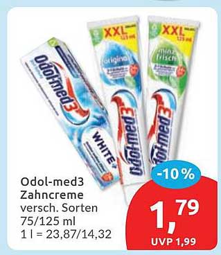 Odol-med3 Zahncreme versch. Sorten 75/125 ml 1 l = 23,87/14,32