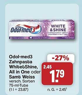 Odol-med3 Zahnpasta White&Shine, All in One oder Samt Weiss versch. Sorten 75-ml-Tube (1 l = 23,87)