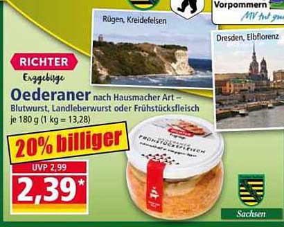 Oederaner nach Hausmacher Art Blutwurst, Landleberwurst oder Frühstücksfleisch je 180 g (1 kg = 13,28)