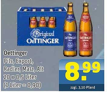 Oettinger Pils, Export, Radler, Malz, Alt 20 x 0,5 Liter (1 Liter = 0,90)