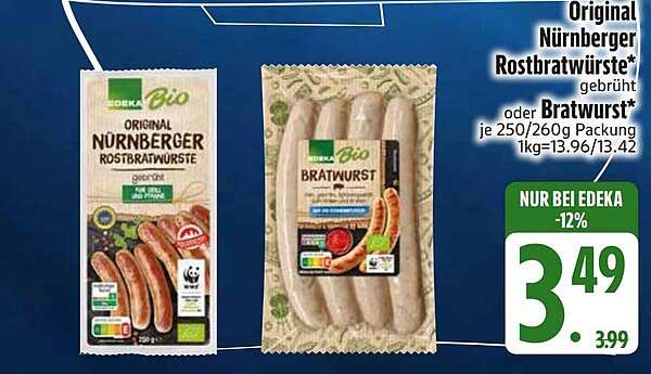 Original Nürnberger Rostbratwürste* gebrüht oder Bratwurst* je 250/260g Packung 1kg=13.96/13.42