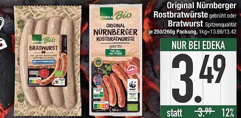 Original Nürnberger Rostbratwürste gebrüht oder Bratwurst Spitzenqualität je 250/260g Packung, 1kg=13.96/13.42