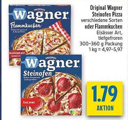 Original Wagner Steinofen Pizza verschiedene Sorten oder Flammkuchen, Elsässer Art, tiefgefroren 300–360 g Packung