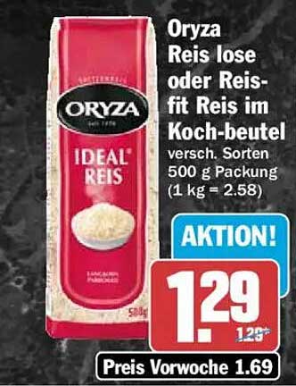 Oryza Reis lose oder Reis-fit Reis im Koch-beutel versch. Sorten 500 g Packung (1 kg = 2.58)