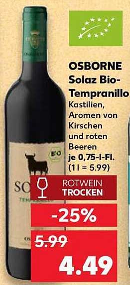 OSBORNE Solaz Bio-Tempranillo Kastilien, Aromen von Kirschen und roten Beeren je 0,75-l-Fl. (1 l = 5.99)