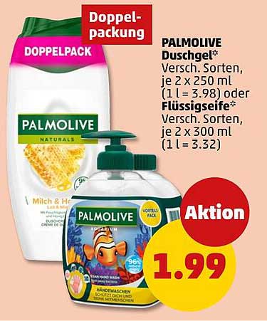 PALMOLIVE Duschgel* Versch. Sorten, je 2 x 250 ml (1 l = 3.98) oder Flüssigseife* Versch. Sorten, je 2 x 300 ml (1 l = 3.32)