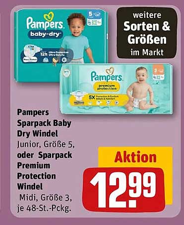 Pampers Sparpack Baby Dry Windel Junior, Größe 5, oder Sparpack Premium Protection Windel Midi, Größe 3, je 48-St.-Pckg.