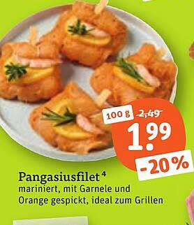 Pangasiusfilet mariniert, mit Garnele und Orange gespickt, ideal zum Grillen